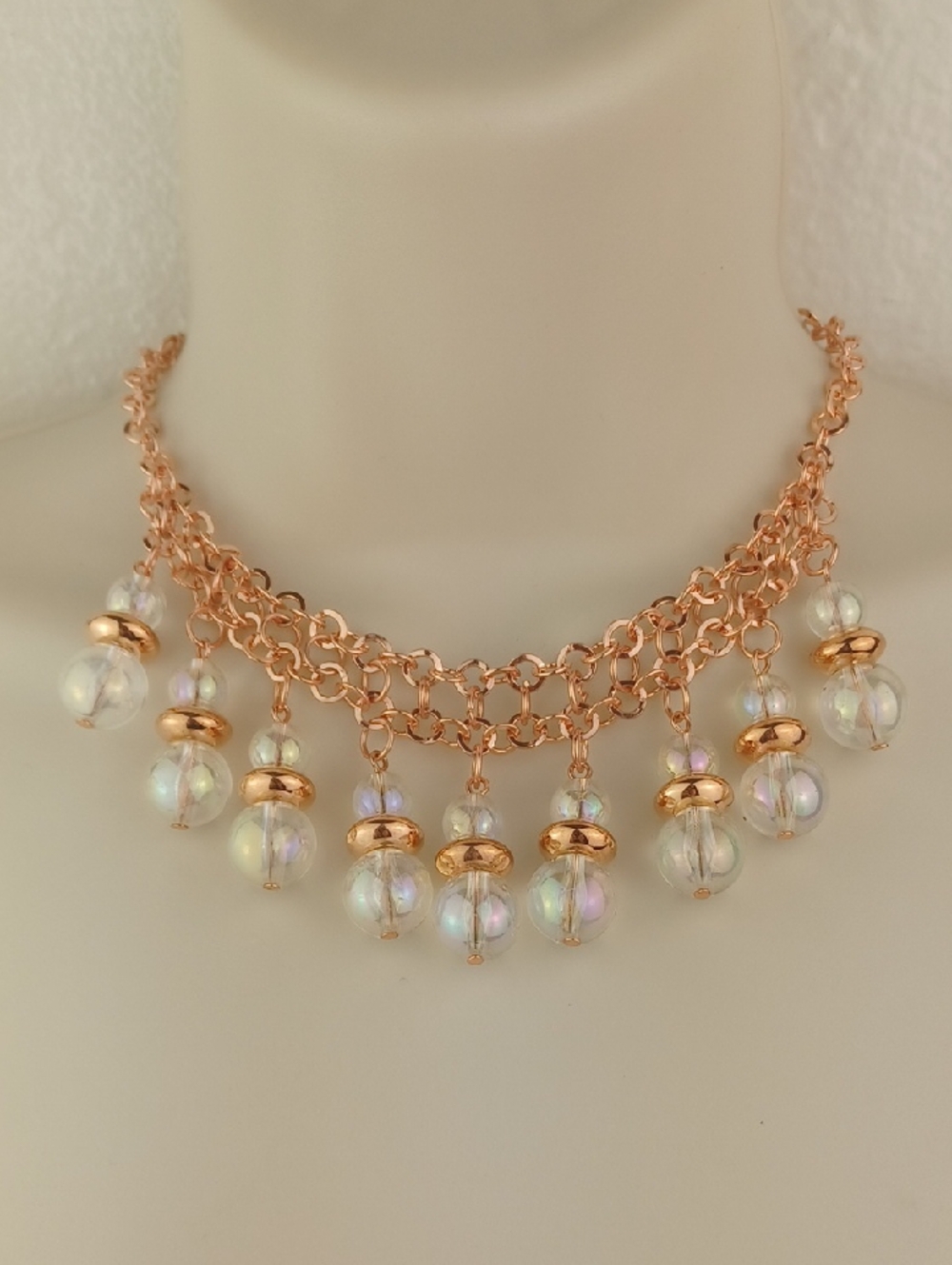Rose Gold Aura Clear Glass DBL Drop Bead Fringe Choker Necklace & Earrings